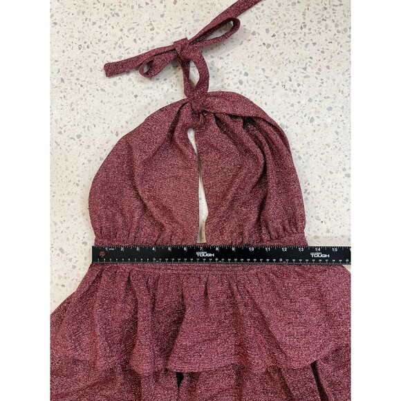 Pink Maroon Dress Women Medium Maxi Tiered Ruffle Glitter Mauve Feminine Halter - Picture 11 of 12
